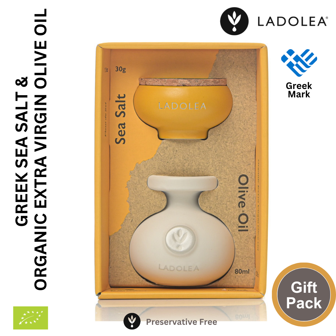 Ladolea Fleur de Sel Greek Sea Salt & Organic Extra Virgin Olive Oil in Ceramic Pots - Gift Pack