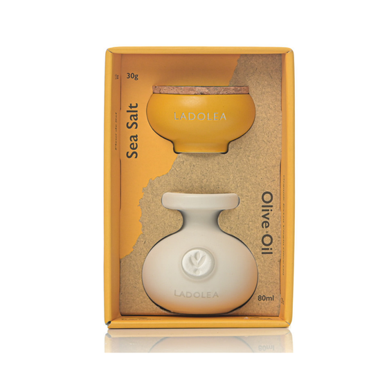 Ladolea Fleur de Sel Greek Sea Salt & Organic Extra Virgin Olive Oil in Ceramic Pots - Gift Pack