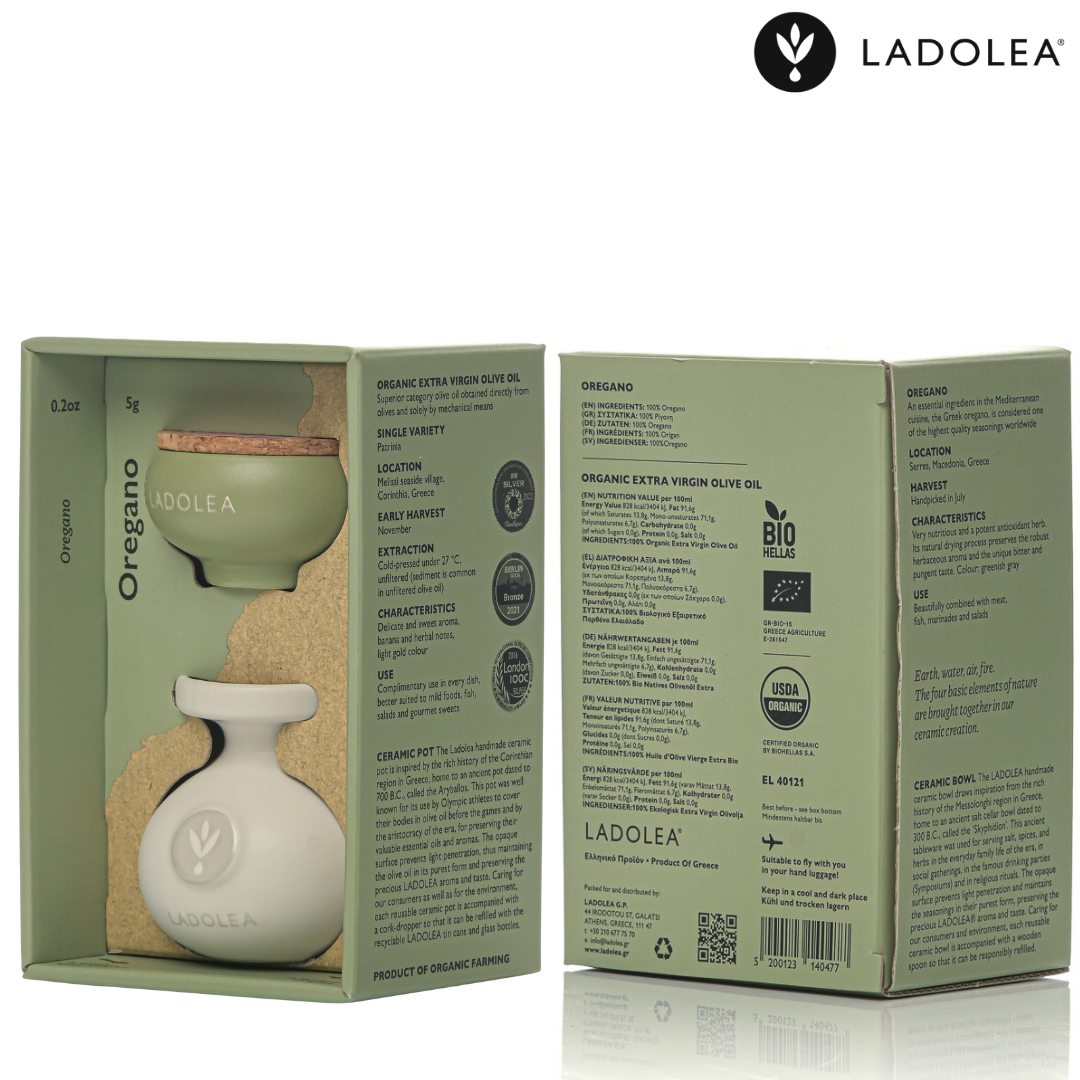 Ladolea Greek Oregano & Organic Extra Virgin Olive Oil in Ceramic Pots - Gift Pack