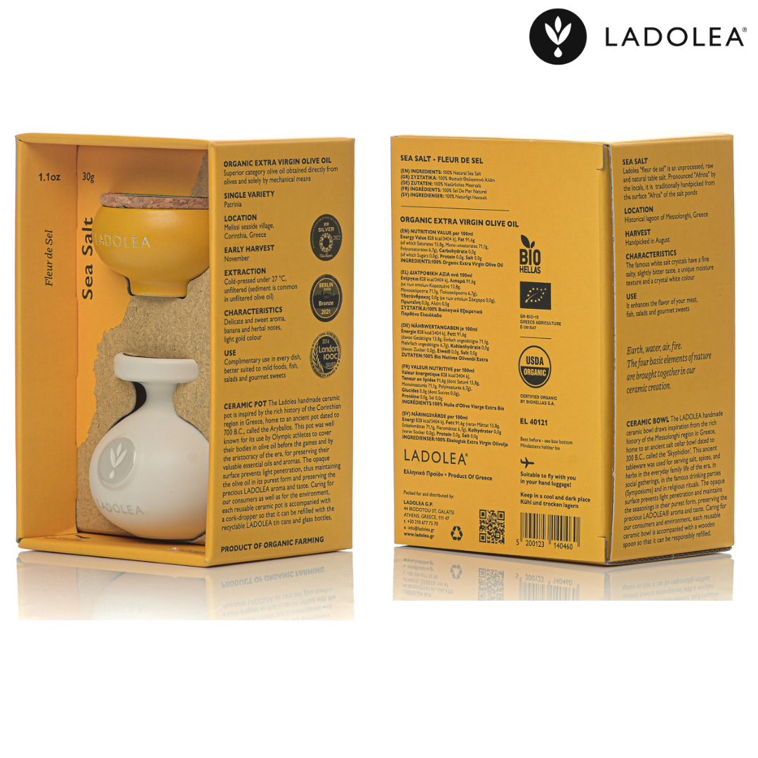 Ladolea Fleur de Sel Greek Sea Salt & Organic Extra Virgin Olive Oil in Ceramic Pots - Gift Pack