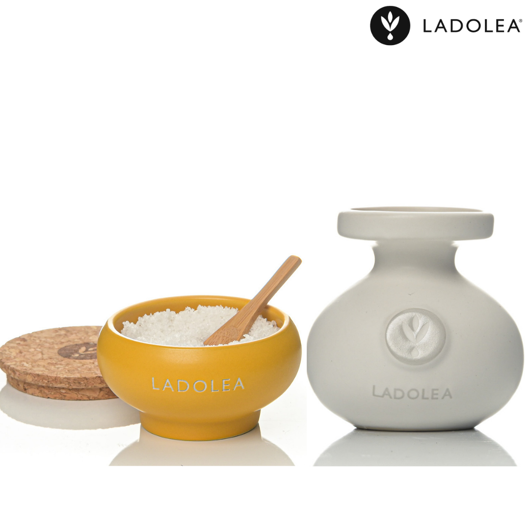 Ladolea Fleur de Sel Greek Sea Salt & Organic Extra Virgin Olive Oil in Ceramic Pots - Gift Pack