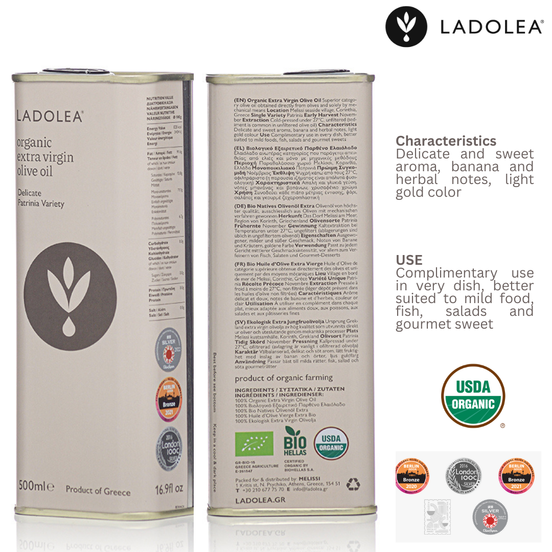 Ladolea Organic Greek Extra Virgin Olive Oil in a White Tin - 500ml
