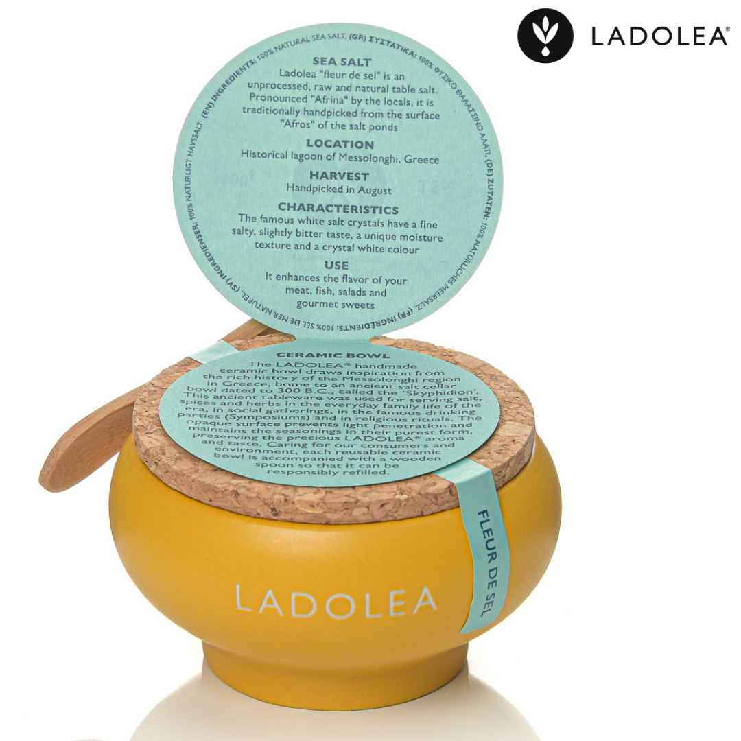 Ladolea Fleur de Sel Greek Sea Salt in a Ceramic Pot, 100g