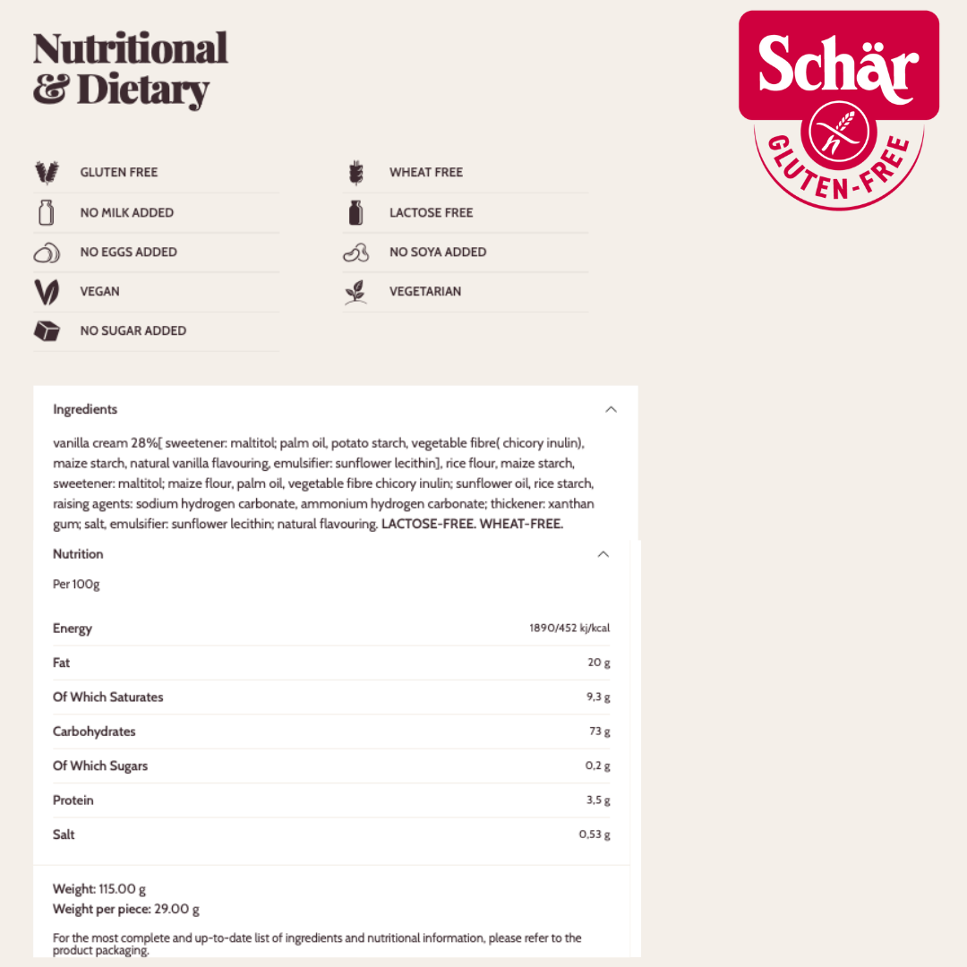 Schar Vanilla Creams Cookies Sugar free, Gluten Free - 115gr