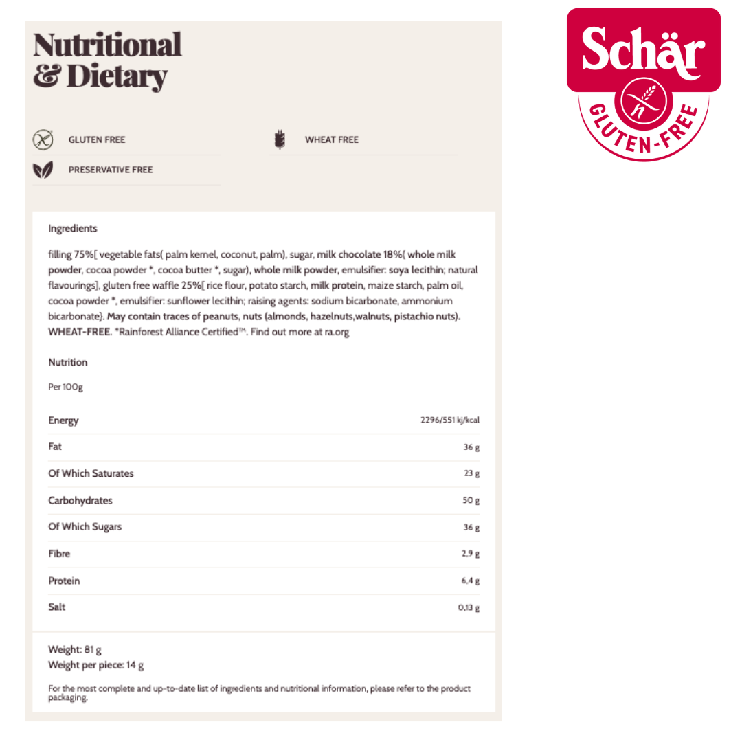 Schar Notes Chocolate Cream Wafers, Gluten Free - 81gr