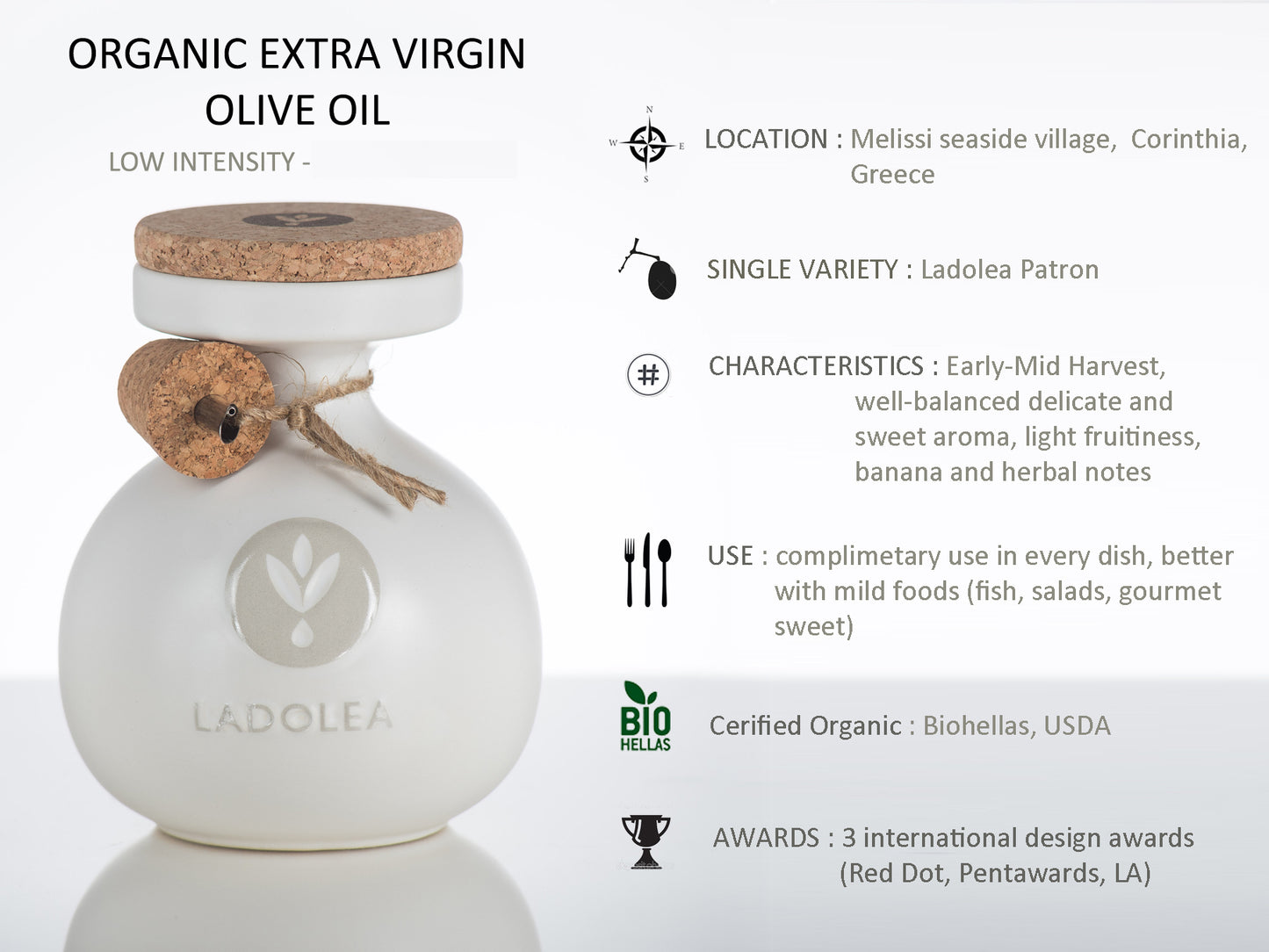Ladolea Organic Greek Extra Virgin Olive Oil in a traditional White Ceramic Pot - 200ml