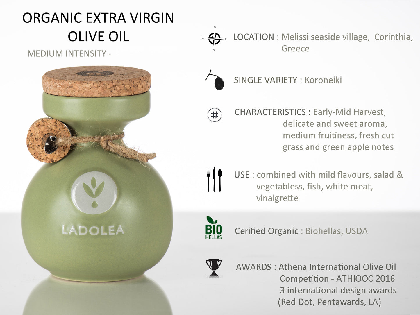 Ladolea Organic Greek Extra Virgin Olive Oil in a traditional Green Ceramic Pot - 200ml