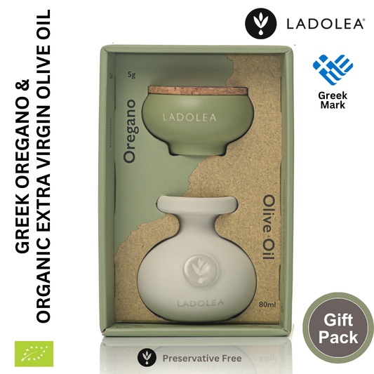 Ladolea Greek Oregano & Organic Extra Virgin Olive Oil in Ceramic Pots - Gift Pack