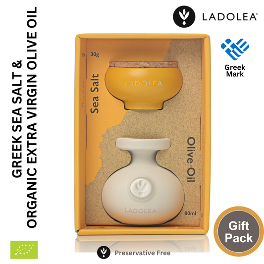 Ladolea Fleur de Sel Greek Sea Salt & Organic Extra Virgin Olive Oil in Ceramic Pots - Gift Pack