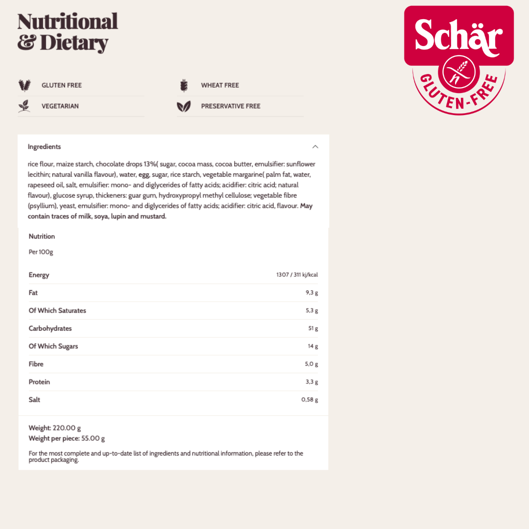Schar Bon Choc Sweet and soft buns with choco chips, Gluten Free - 220gr