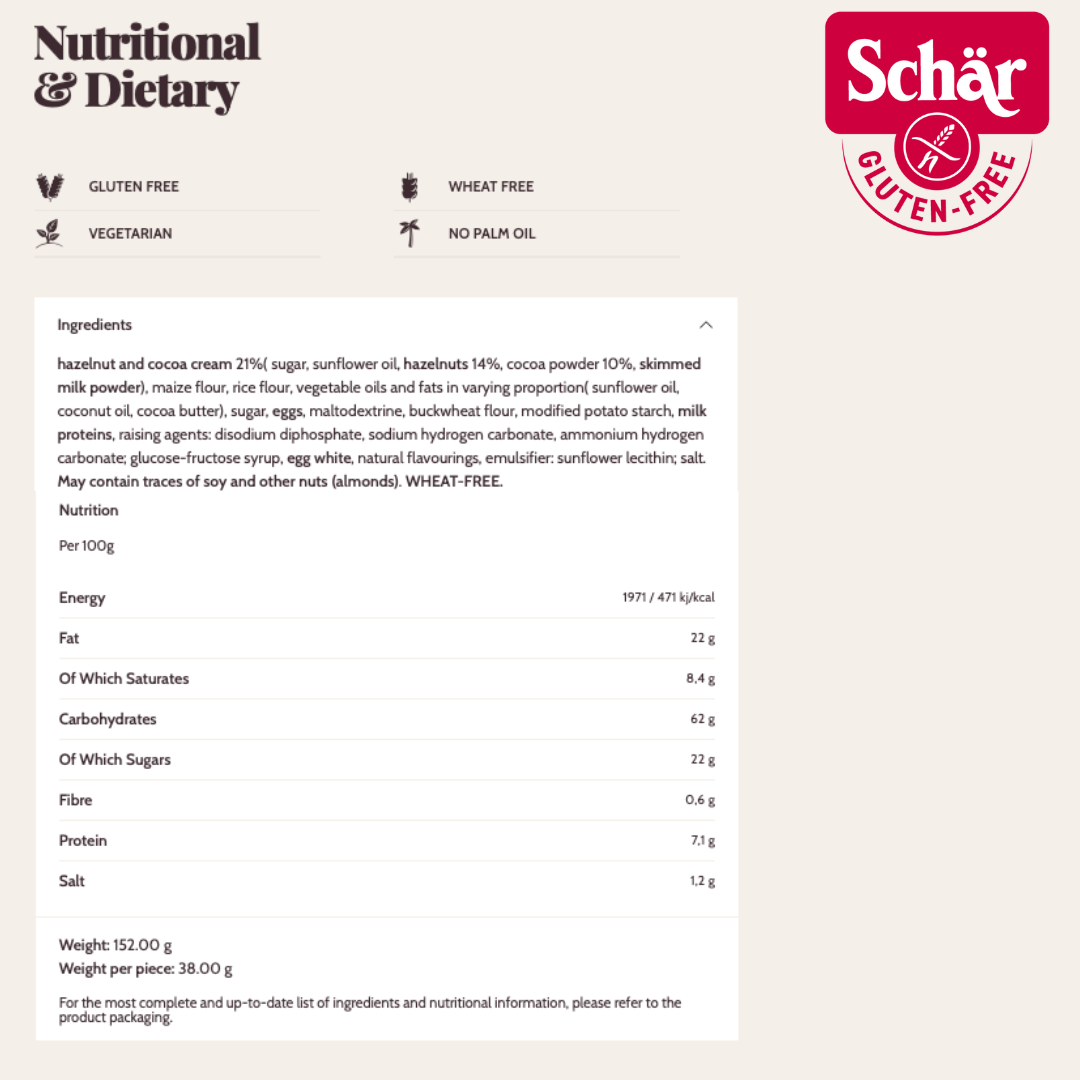Schar Crostatina Nocciola Hazelnut and Chocolate Cream Pastry, Gluten Free - 152gr