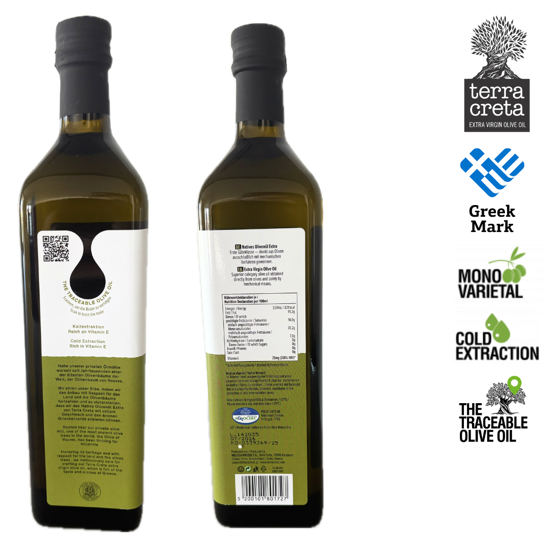 Terra Creta Estate Greek Extra Virgin Olive Oil  PDO Kolymvari - 1L Glass Bottle